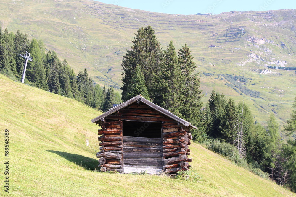 A wooden ski hut on Alp mountains with green meadow in Fiss, Tirol, Austria. A wooden ski hut on Alp mountains with green meadow in Fiss, Tirol, Austria.