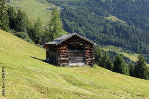 A wooden ski hut on Alp mountains with green meadow in Fiss, Tirol, Austria.  © RukiMedia