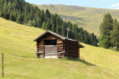 A wooden ski hut on Alp mountains with green meadow in Fiss, Tirol, Austria. 