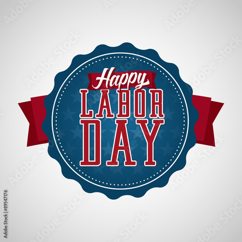 Happy Labor Day Badge Label. Text on a Blue Badge with Stars in the Background.