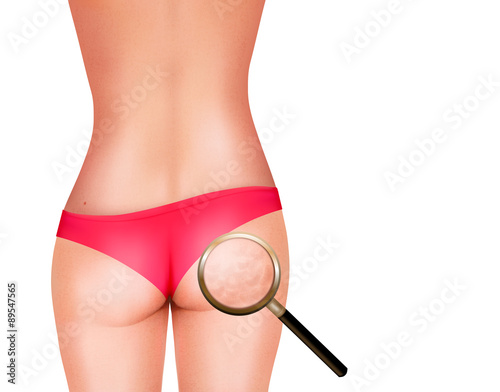 Female body with magnifying glass. Vector.