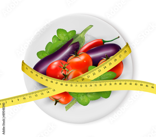 Vegetables on a plate with measuring tape. Dieting concept. Vect