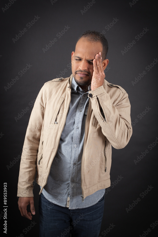 Handsome man doing different expressions in different sets of clothes: headache Handsome man doing different expressions in different sets of clothes: headache