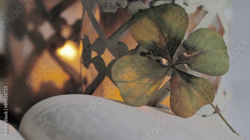 A four-leaf clover in front of a tealight