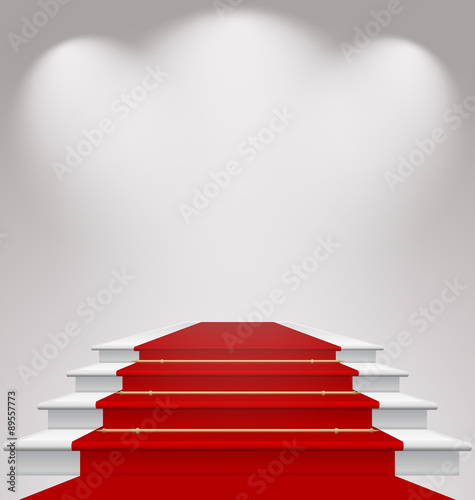 Stairs covered with red carpet, scene illuminated