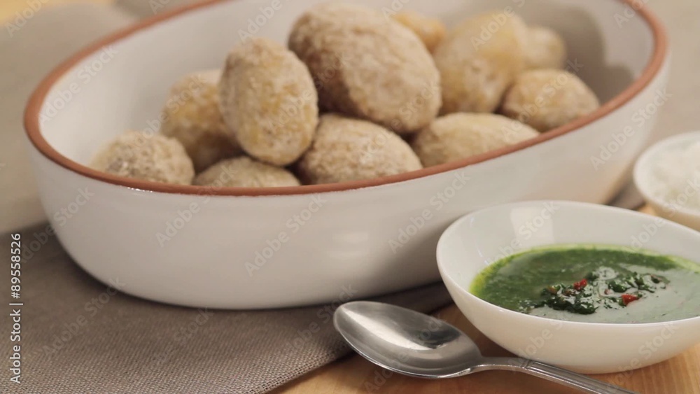 Papas Arrugadas (potatoes with a salt crust, Canary Islands) with mojo sauce