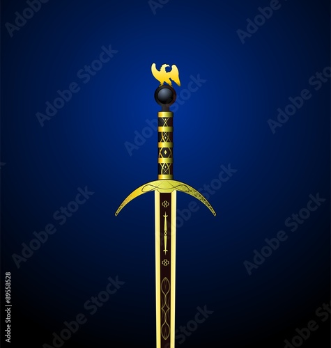 Illustration of a magic gold sword with an eagle on a hilt