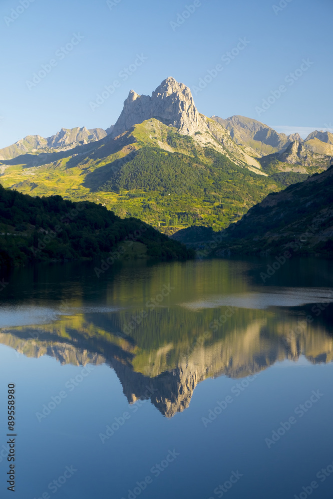 water, lake and mountain in Tena valley, Pyrenees, Huesca.