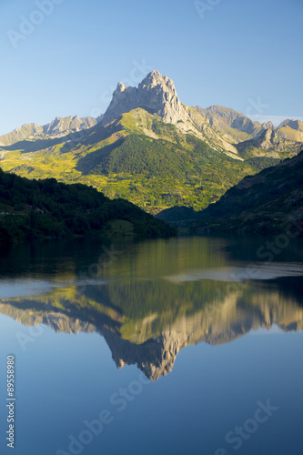 water  lake and mountain in Tena valley  Pyrenees  Huesca.