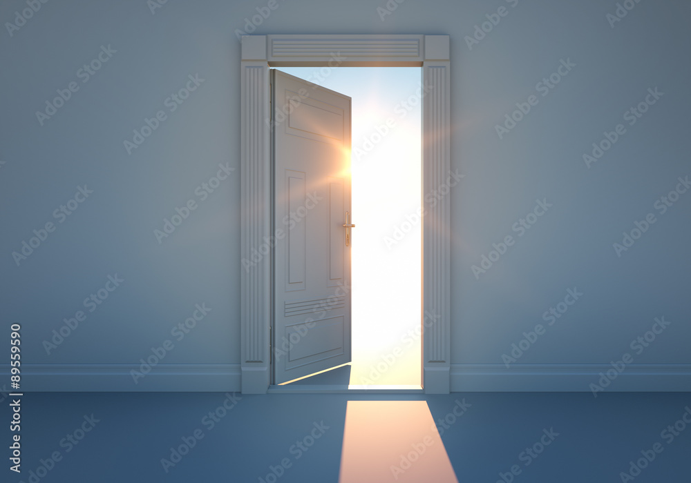 Offene Tür mit Sonnenlicht - obrazy, fototapety, plakaty 