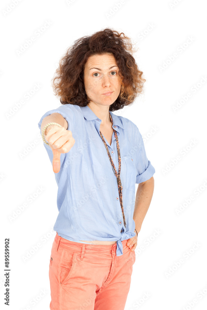 Beautiful woman doing different expressions in different sets of clothes: thumbs down Beautiful woman doing different expressions in different sets of clothes: thumbs down