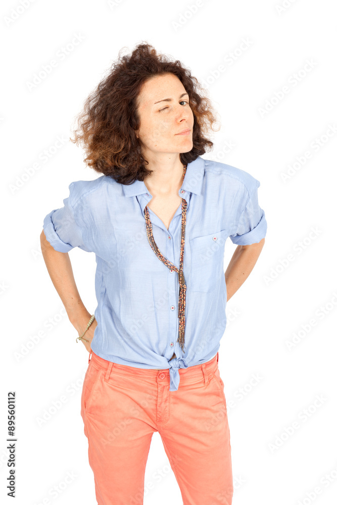 Fototapeta premium Beautiful woman doing different expressions in different sets of clothes: blinking