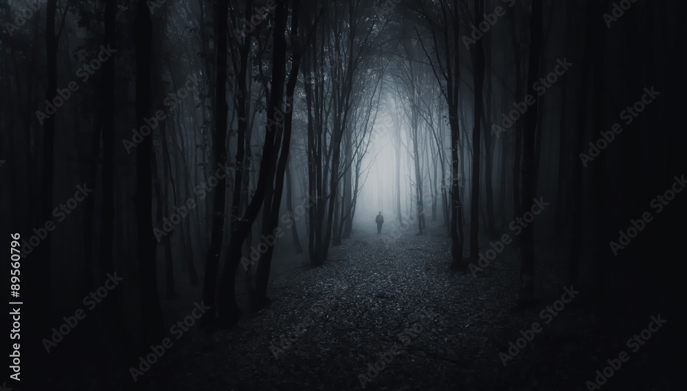 Fototapeta premium człowiek w lesie w nocy scena halloween