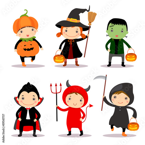 Illustration of cute kids wearing halloween costumes