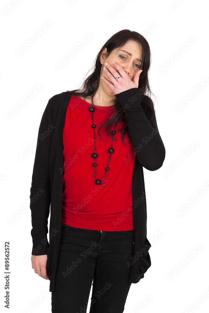 Beautiful woman doing different expressions in different sets of clothes: tired Beautiful woman doing different expressions in different sets of clothes: tired