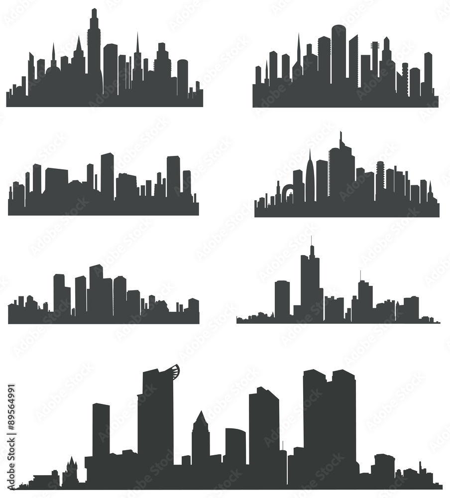 Modern City Panorama with Skyscraper . Buildings Silhouette. Vector set . 
