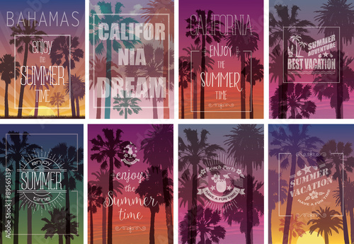 Set of Exotic Print with Palms for T-shirt. Summer Travel Backgrounds . Party and Vacation Banners. Nature Landscapes.