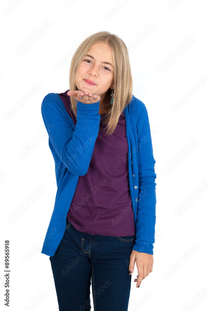 Beautiful girl doing different expressions in different sets of clothes: kiss Beautiful girl doing different expressions in different sets of clothes: kiss