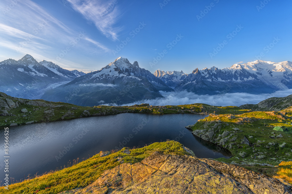 France, Mont Blanc, Lake Cheserys, mountain and lake at sunrise France, Mont Blanc, Lake Cheserys, mountain and lake at sunrise