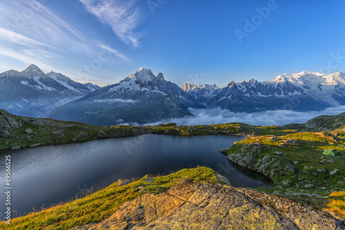 France, Mont Blanc, Lake Cheserys, mountain and lake at sunrise #89566525