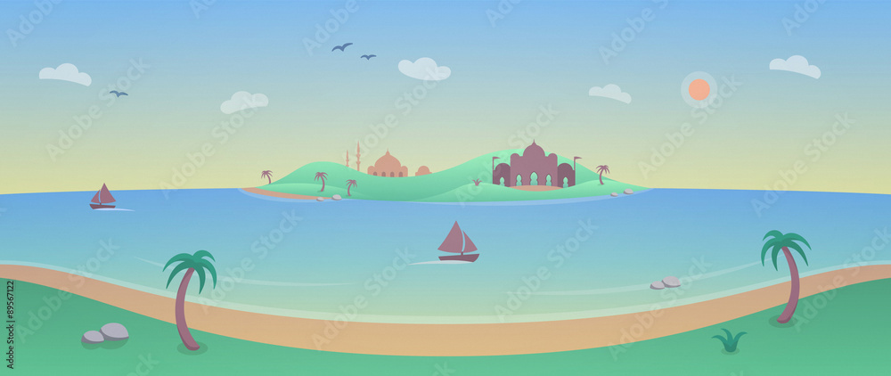 Landscape with Tropical Island Paradise - 
a beautiful illustration with a tropical island, palm trees, beach and boats sailing on the calm ocean. 