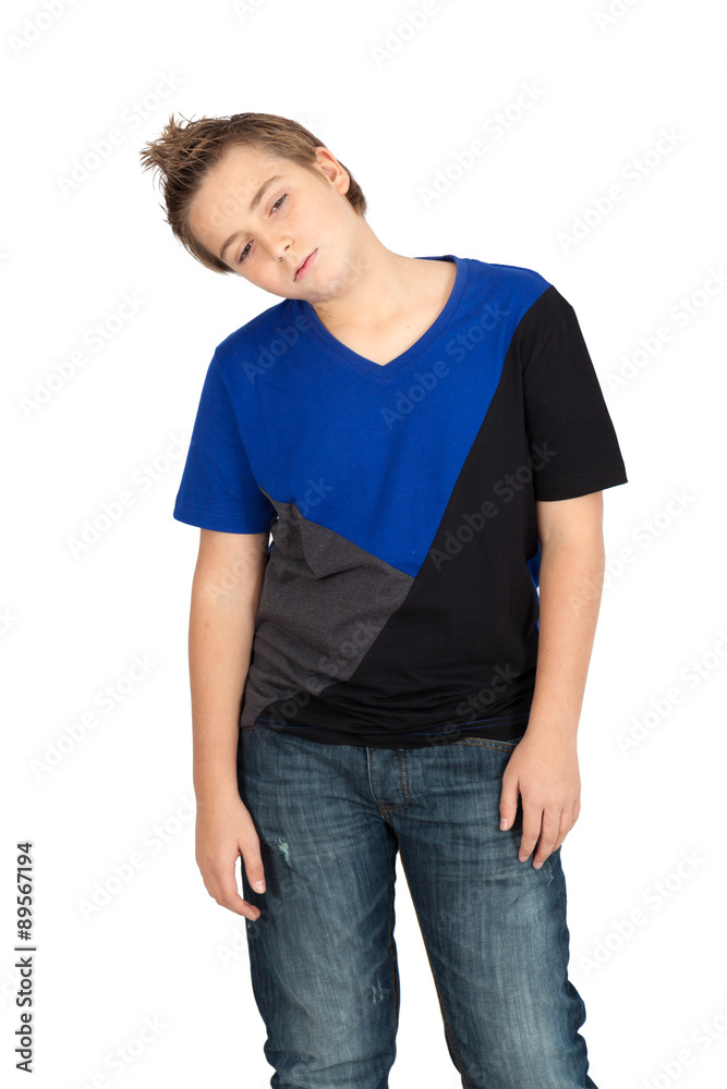 Handsome child doing different expressions in different sets of clothes: tired Handsome child doing different expressions in different sets of clothes: tired