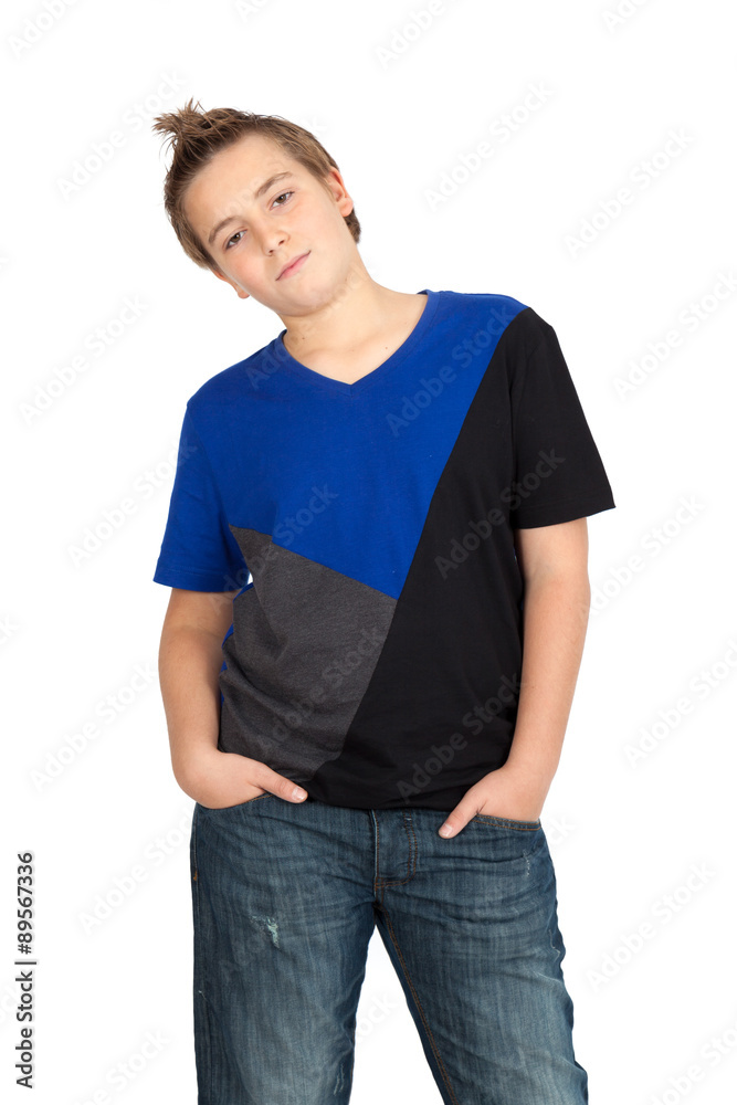 Fototapeta premium Handsome child doing different expressions in different sets of clothes: hands in pockets
