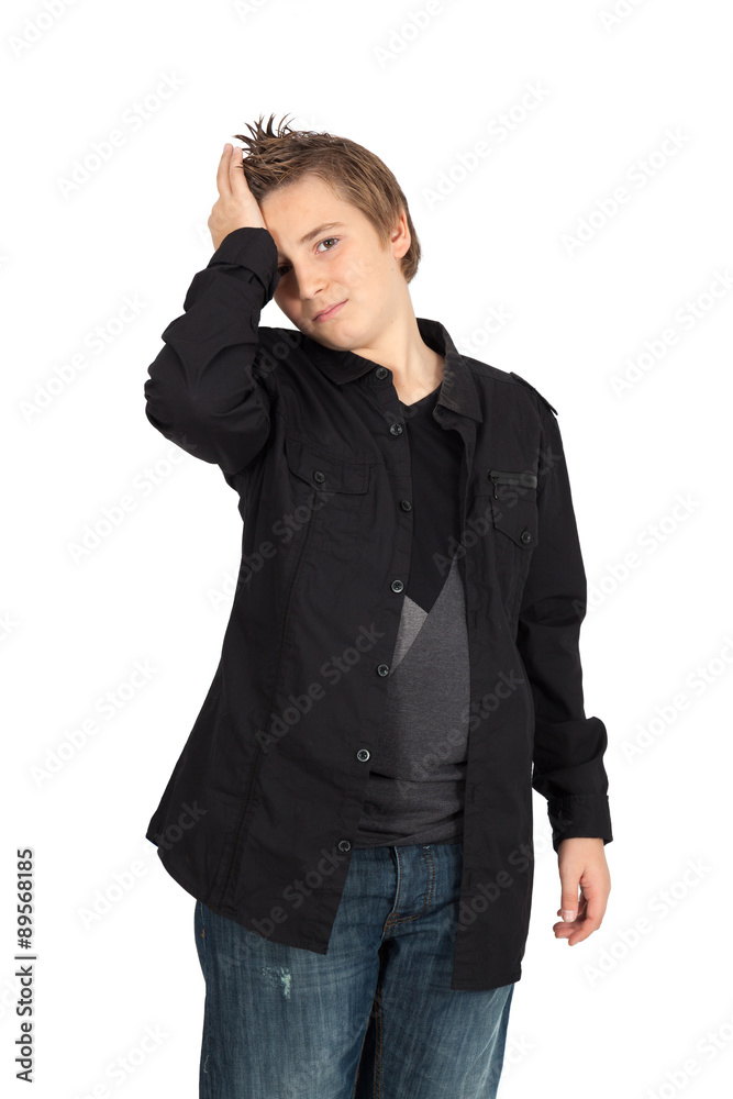 Handsome child doing different expressions in different sets of clothes: headache Handsome child doing different expressions in different sets of clothes: headache