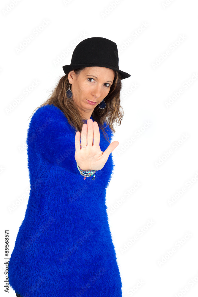 Beautiful woman doing different expressions in different sets of clothes: stop sign Beautiful woman doing different expressions in different sets of clothes: stop sign
