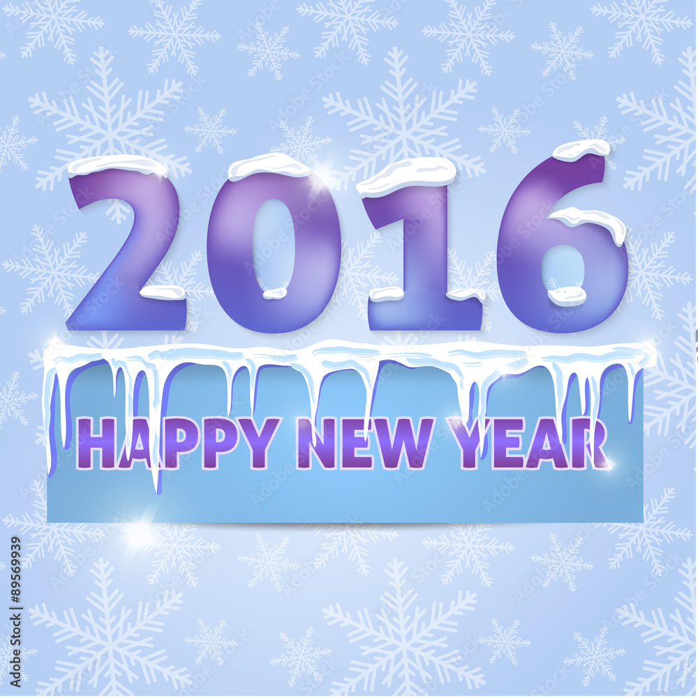 Card. Happy New Year 2016. Snowflakes, icicles, snow. Vector ill