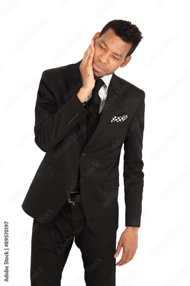 Handsome man doing different expressions in different sets of clothes: toothache Handsome man doing different expressions in different sets of clothes: toothache