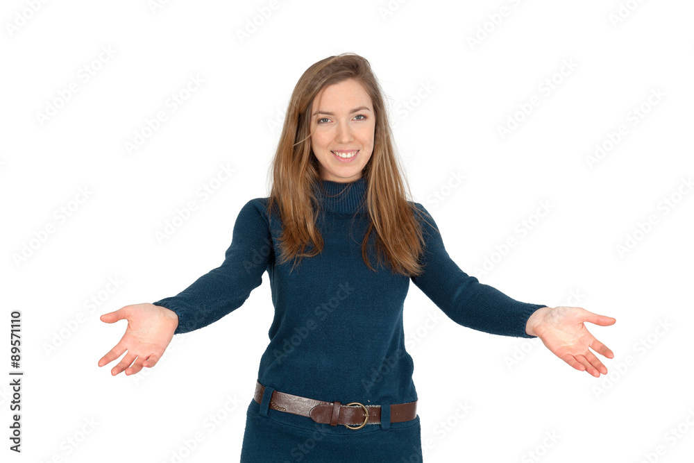 Beautiful woman doing different expressions in different sets of clothes: welcome