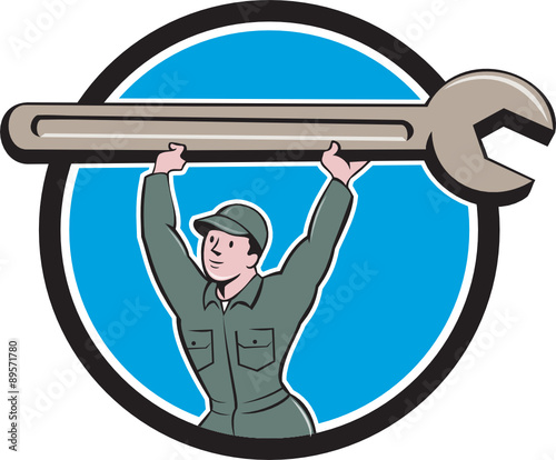 Mechanic Lifting Spanner Wrench Circle Cartoon