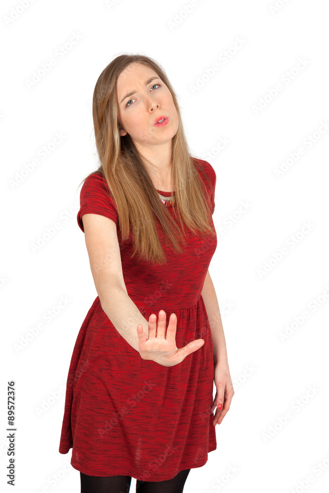 Beautiful woman doing different expressions in different sets of clothes: stop sign Beautiful woman doing different expressions in different sets of clothes: stop sign