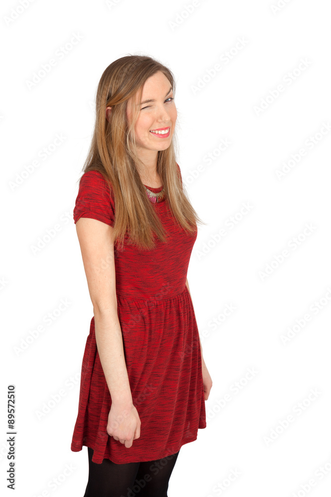 Beautiful woman doing different expressions in different sets of clothes: blinking
