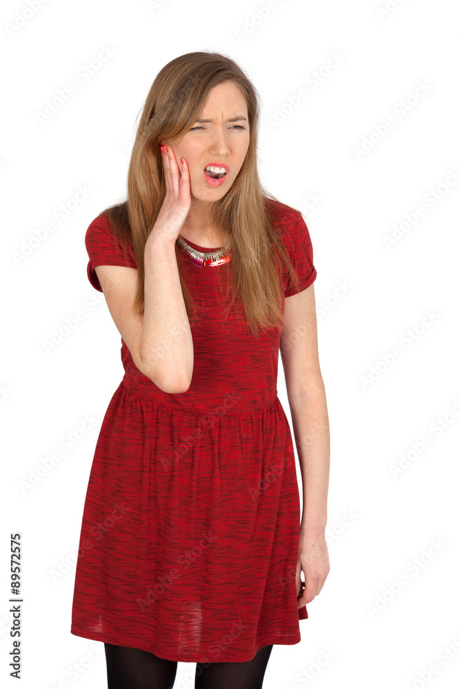 Beautiful woman doing different expressions in different sets of clothes: toothache Beautiful woman doing different expressions in different sets of clothes: toothache