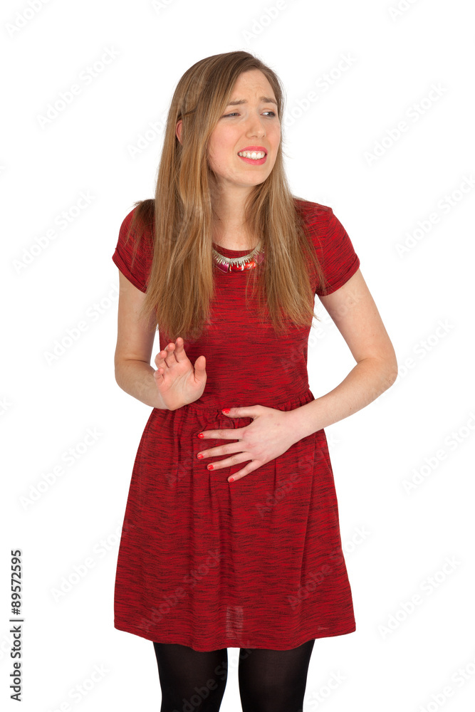 Beautiful woman doing different expressions in different sets of clothes: stomachache Beautiful woman doing different expressions in different sets of clothes: stomachache