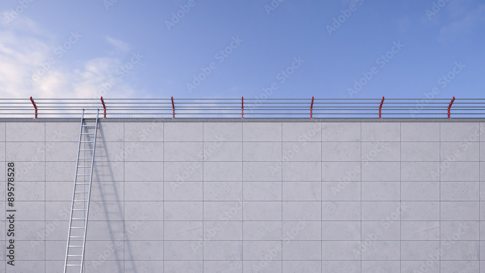 D Rendering, ladder leaning against wall, barbed wire D Rendering, ladder leaning against wall, barbed wire