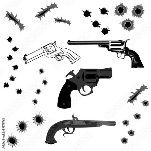 pistols and bullet holes
