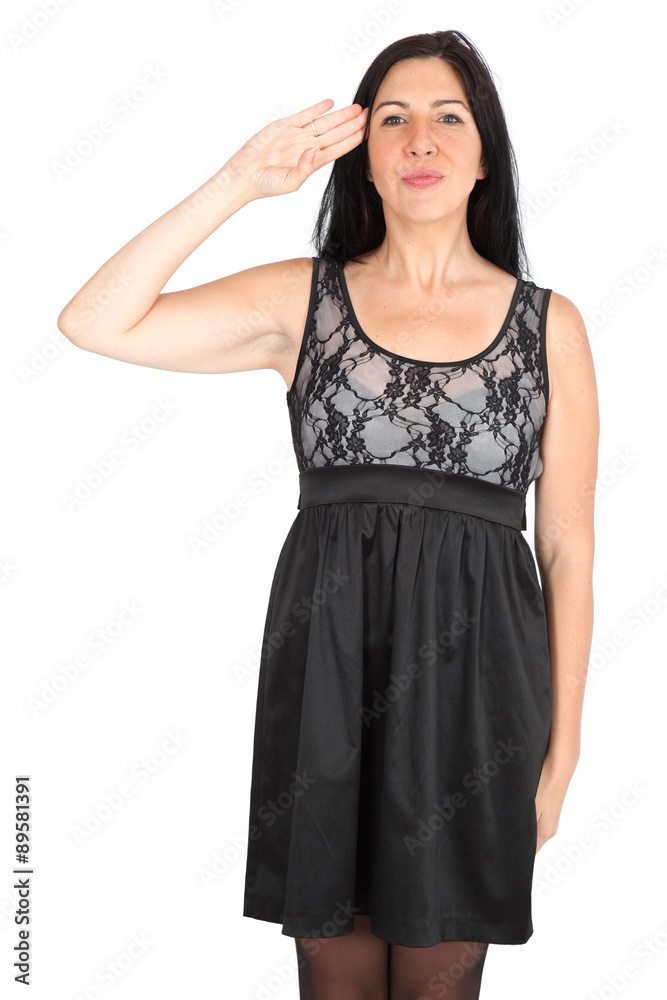 Beautiful woman doing different expressions in different sets of clothes: at attention Beautiful woman doing different expressions in different sets of clothes: at attention