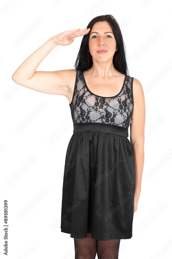 Beautiful woman doing different expressions in different sets of clothes: at attention Beautiful woman doing different expressions in different sets of clothes: at attention