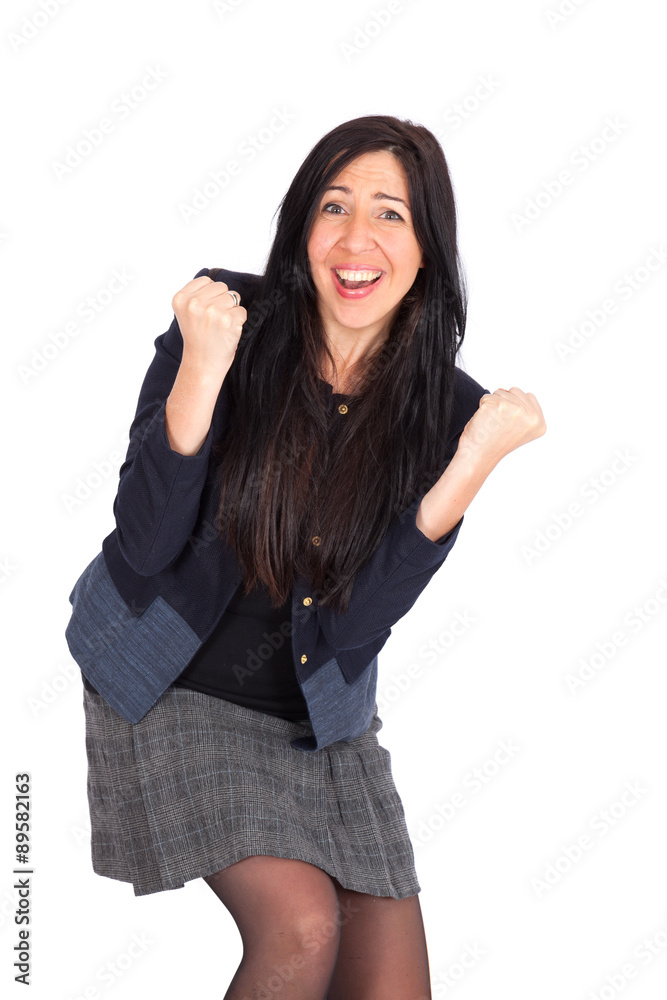 Beautiful woman doing different expressions in different sets of clothes: arms raised Beautiful woman doing different expressions in different sets of clothes: arms raised