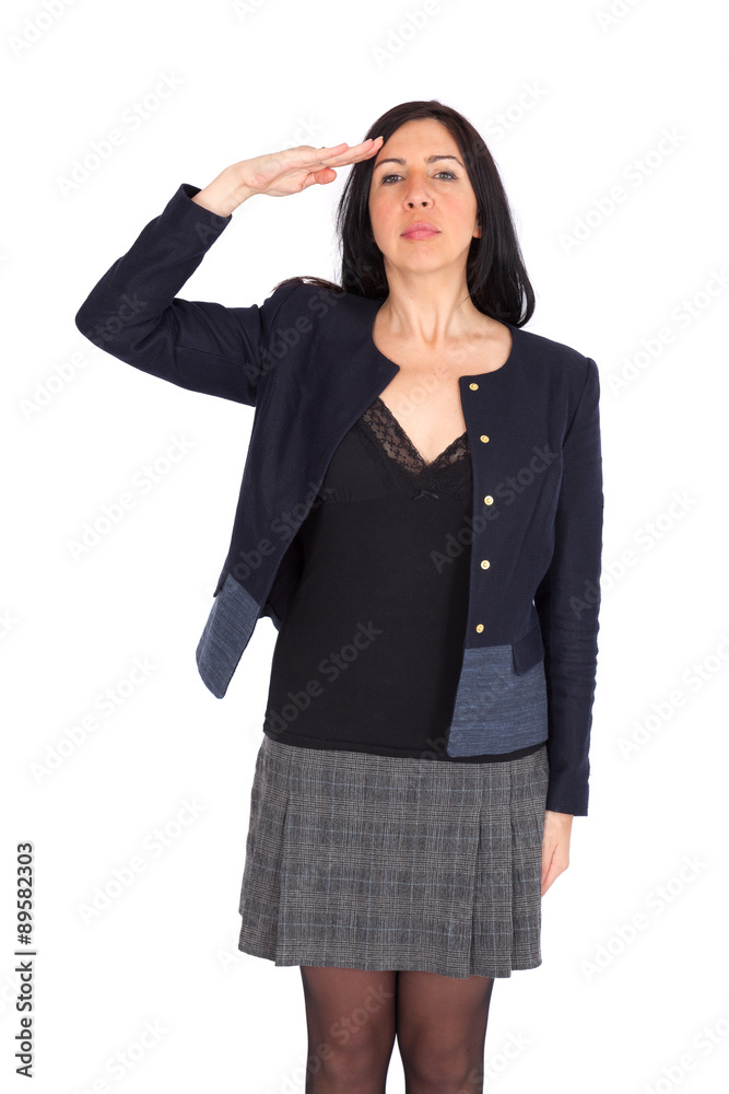 Beautiful woman doing different expressions in different sets of clothes: at attention Beautiful woman doing different expressions in different sets of clothes: at attention