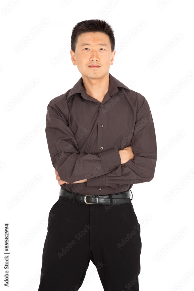 handsome man doing different expressions in different sets of clothes: arms crossed