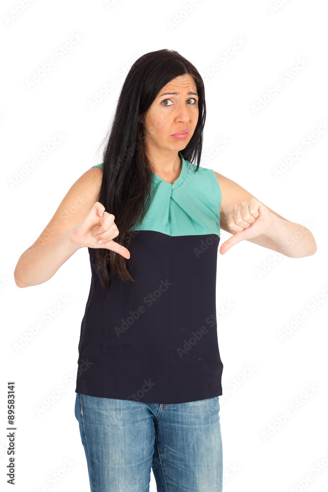 Beautiful woman doing different expressions in different sets of clothes: thumbs down Beautiful woman doing different expressions in different sets of clothes: thumbs down