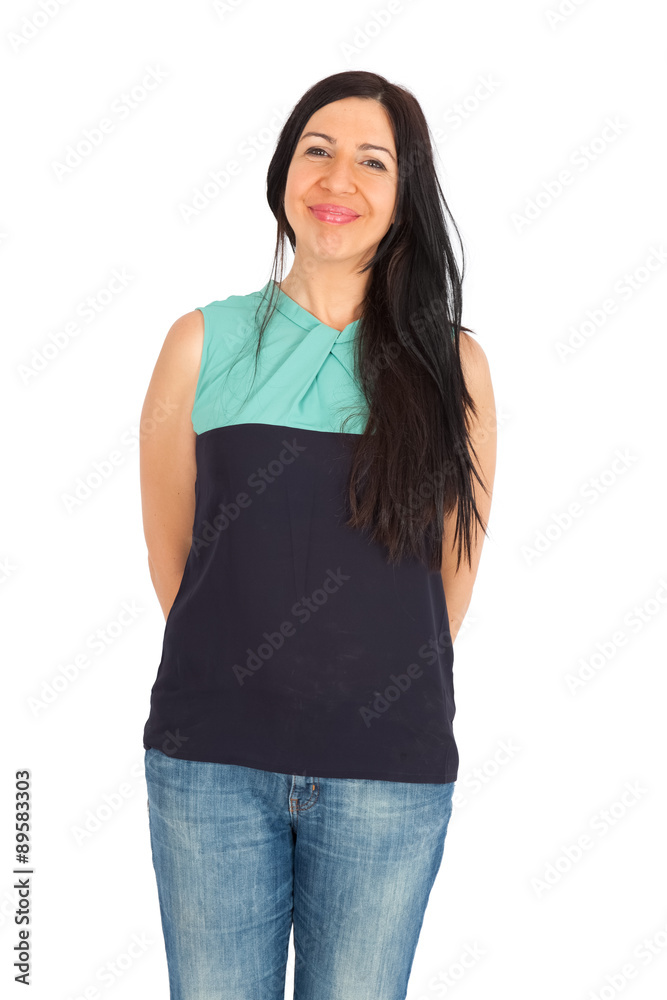 Obraz premium Beautiful woman doing different expressions in different sets of clothes: smile