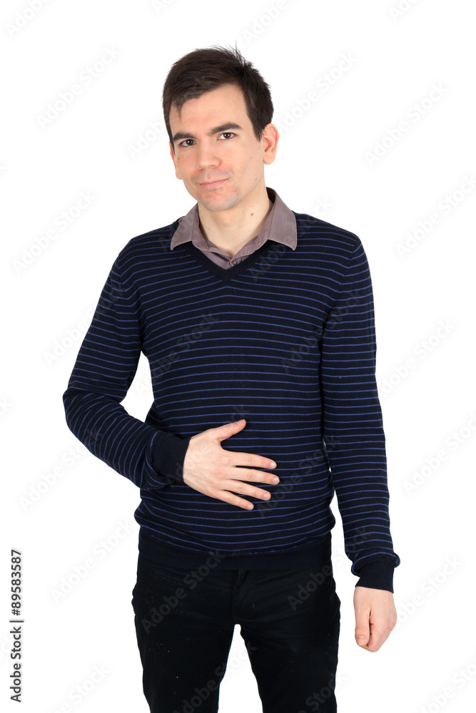 Fototapeta premium Handsome man doing different expressions in different sets of clothes: hungry