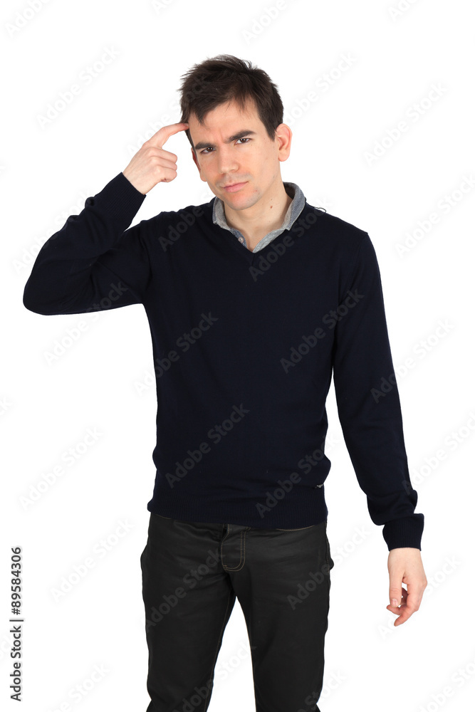 Handsome man doing different expressions in different sets of clothes: you are crazy