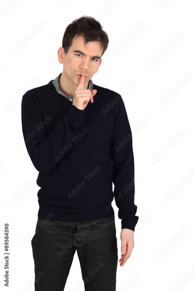 Handsome man doing different expressions in different sets of clothes: be quiet Handsome man doing different expressions in different sets of clothes: be quiet