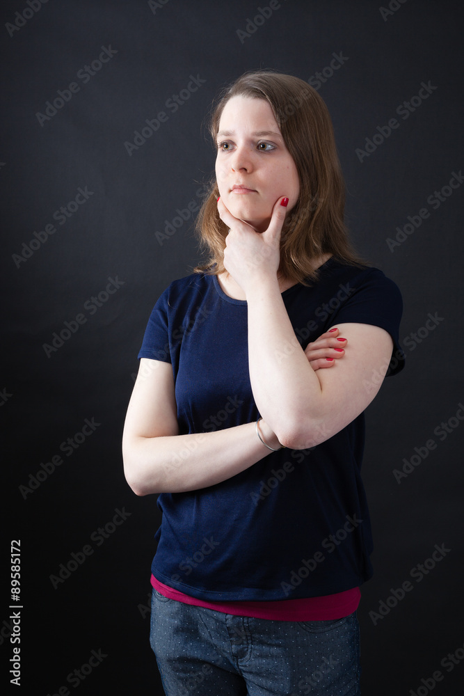 Beautiful woman doing different expressions in different sets of clothes: thinking Beautiful woman doing different expressions in different sets of clothes: thinking